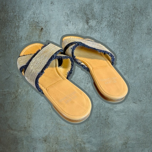 NWOT Stuart Weitzman ‘Edgeway’ Fringe-Trimmed Sandals in Navy Blue & Silver Sz 5 - Picture 16 of 16